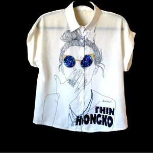 Laya Thin Hongko Woman Printed Multi Colored Collar Button Down Shirt. Sz S/M